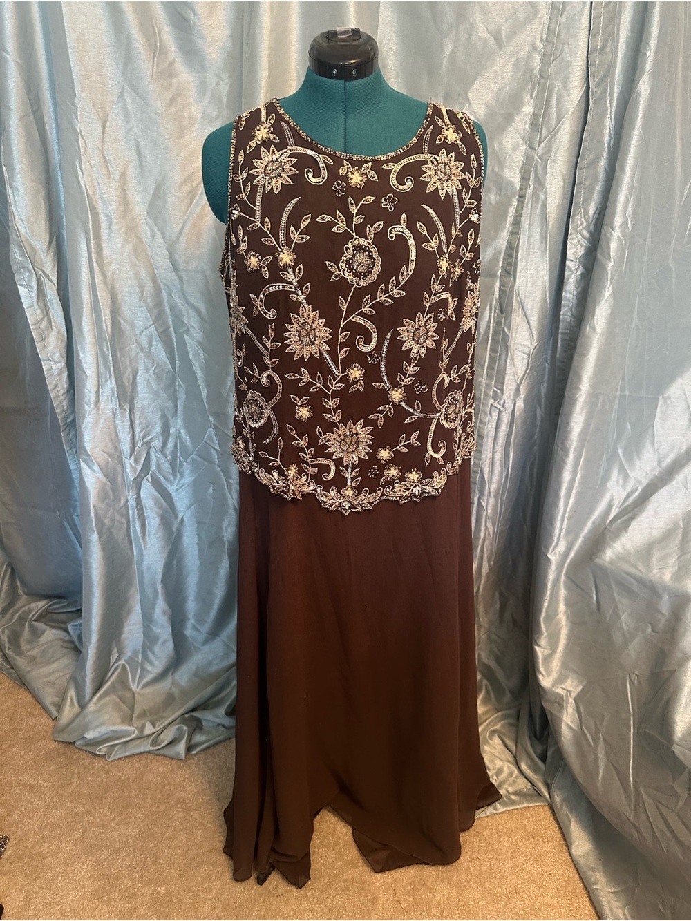 Beaded Floral Overlay Maxi Dress in Brown